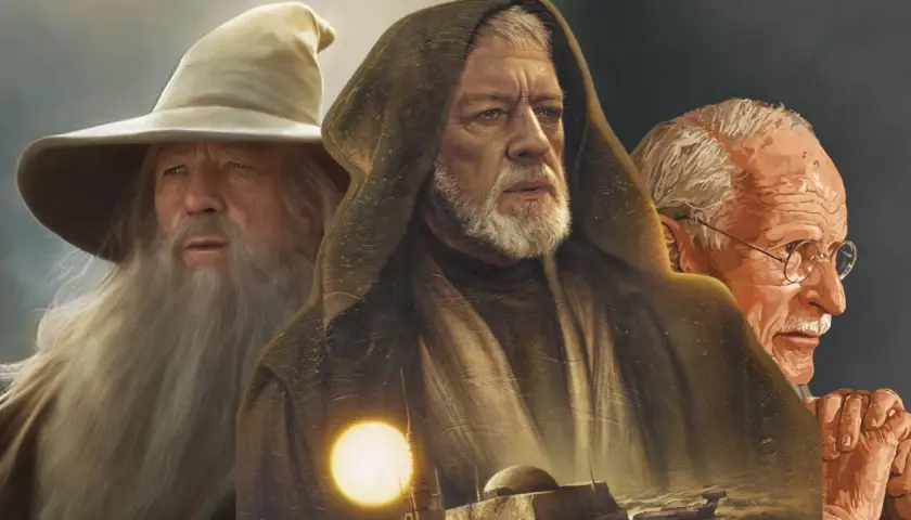 Gandalf, Obi-Wan Kenobi i postać przypominająca Freuda. Ilustracja ukazuje przyczyny popularności archetypu mędrca w literaturze fantasy i sci-fi.