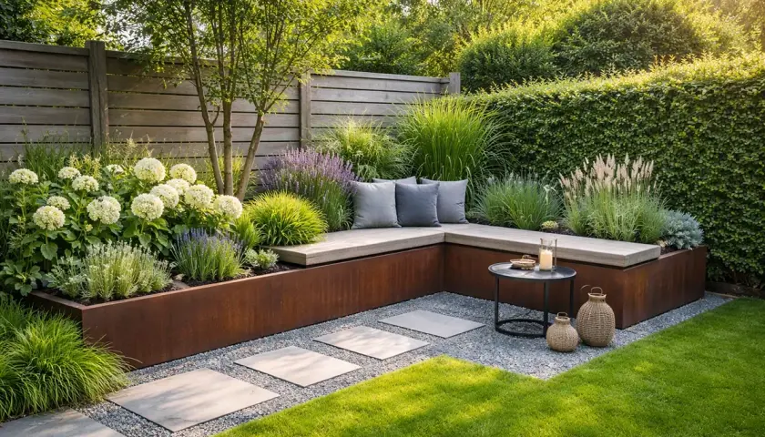 Gemütliche Sitzecken im Garten laden zum Verweilen ein. Eine L-förmige Bank aus Holz mit Kissen, umgeben von üppiger Bepflanzung und einem Cortenstahl-Beet.