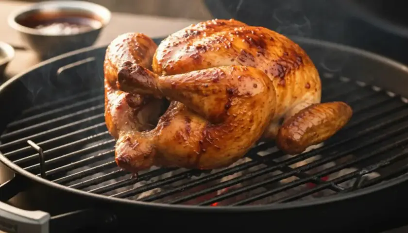 Un poulet au barbecue doré et juteux cuit sur un gril, dégageant une vapeur appétissante.