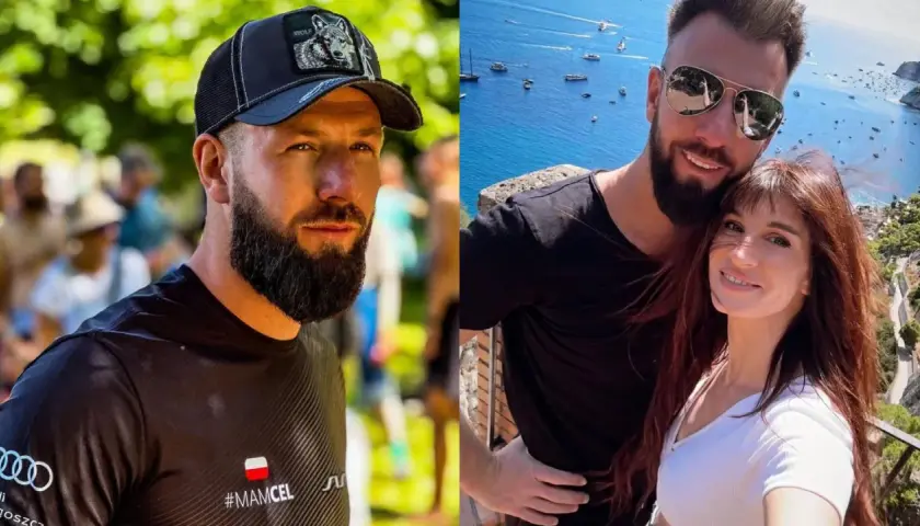 Sylwia Grzeszczak i jej partner na tle błękitnego morza i malowniczych widoków. On w czapce z wilkiem, ona z burzą rudych włosów.