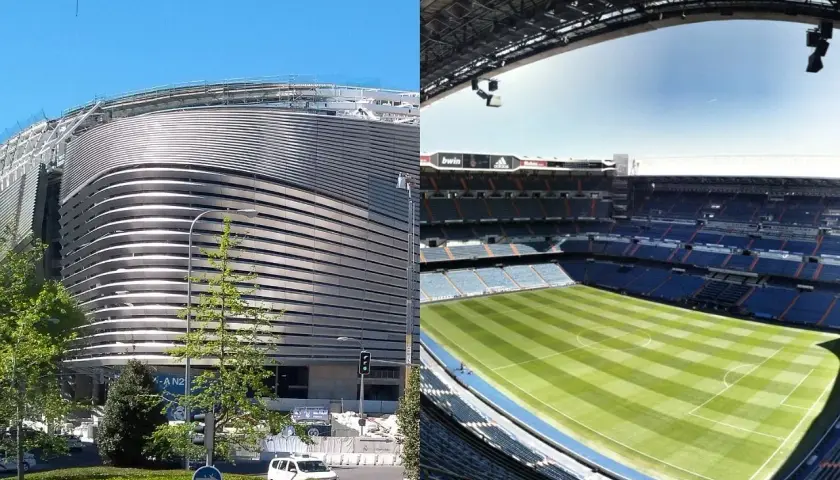 Stadion w Madrycie w trakcie przebudowy. Widok z zewnątrz i wnętrza z murawą.