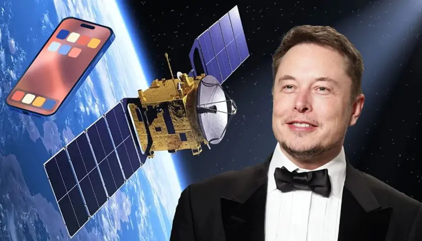 Elon Musk w garniturze i muszce obok satelity Starlink i telefonu z ikonami aplikacji, symbolizujące przyszłość komunikacji.