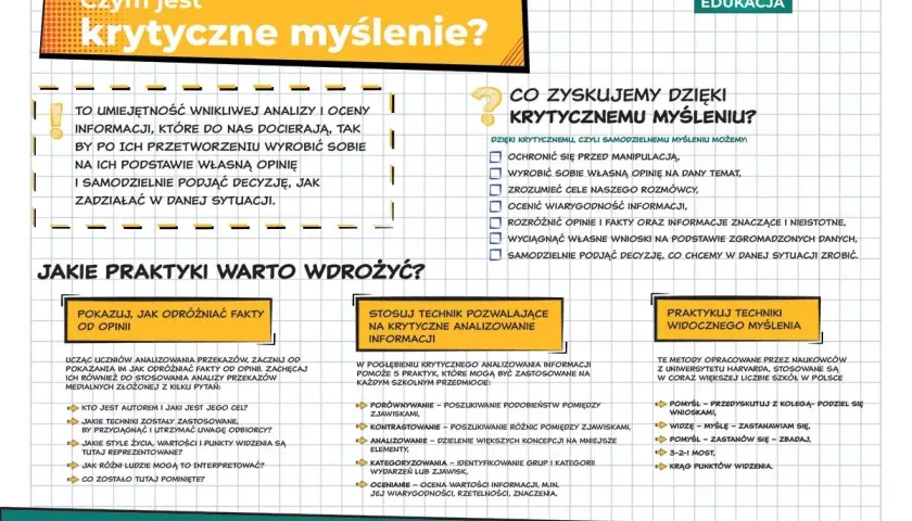 Ulotka wyjaśnia, czym jest krytyczne myślenie i jakie korzyści przynosi. Podkreśla jego znaczenie w edukacji i pokazuje praktyczne sposoby jego rozwijania.