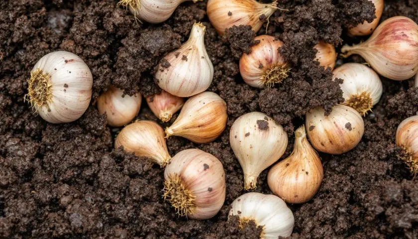 Des gousses d'ail prêtes à planter dans la terre sombre. L'ail est une plante aromatique facile à cultiver.