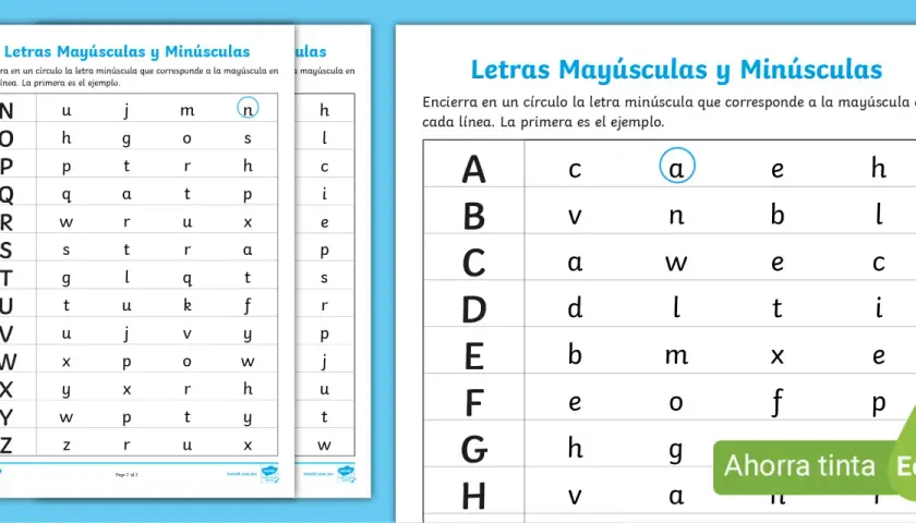 Tablas para practicar la correspondencia entre letras mayúsculas y minúsculas. La letra "y" minúscula aparece en la tabla.