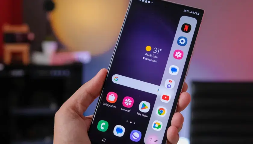 Dłoń trzyma smartfon Samsung S20 FE. Ekran pokazuje ikonki aplikacji i pogodę. Bateria szybko się rozładowuje, co widać po wskaźniku 67%.
