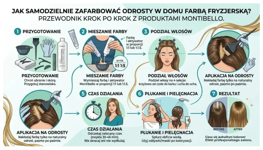 Instrukcja farbowania odrostów w domu: przygotowanie, mieszanie farby, podział włosów, aplikacja na odrosty, czas działania, płukanie i pielęgnacja, efekt. Jak często farbować odrosty?