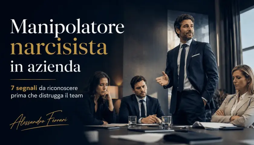 Uomo d'affari carismatico, un narcisista manipolatore, parla a un team demoralizzato. 7 segnali da riconoscere.