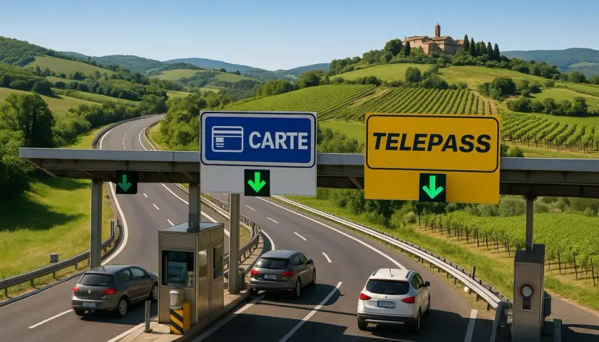 Bramki autostradowe we Włoszech z tablicami "CARTE" i "TELEPASS" oraz zielonymi strzałkami.