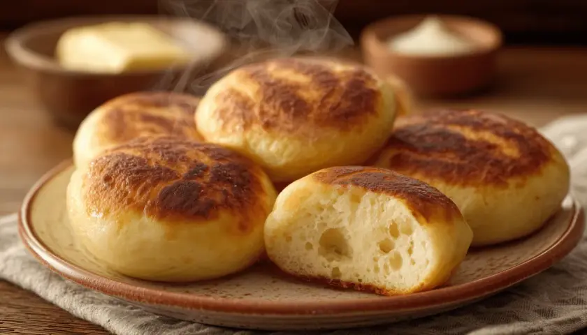 Dampfnudle moelleux et dorés, un délice de la recette traditionnelle. Vapeur s'échappant d'une assiette, avec du beurre et de la crème en arrière-plan.