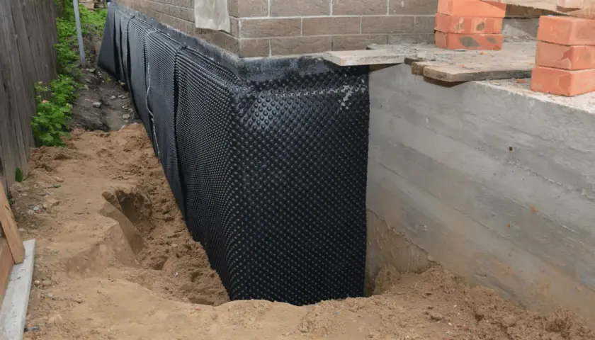 Folia kubełkowa chroni betonowy cokół przed wilgocią. Widać wykop i materiały budowlane.