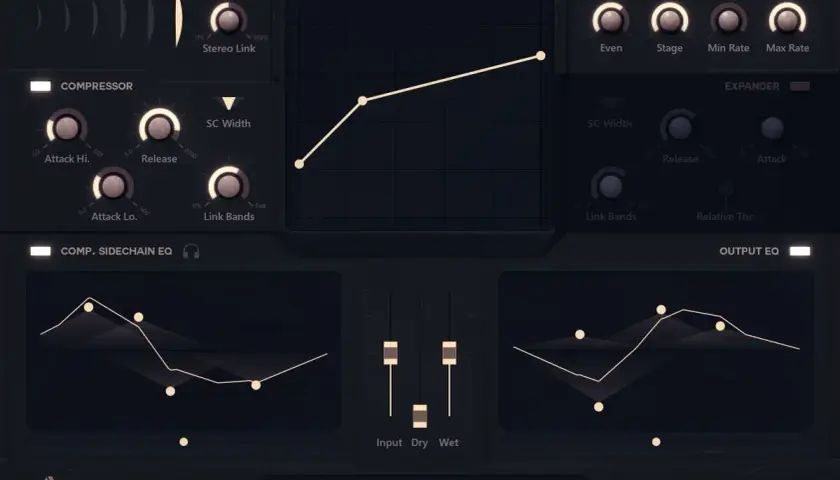 Das Interface von Auburn Sounds zeigt einen **free multiband compressor** mit Reglern für Attack, Release, Stereo Link und Bandbreiten. Grafiken visualisieren EQ-Kurven.