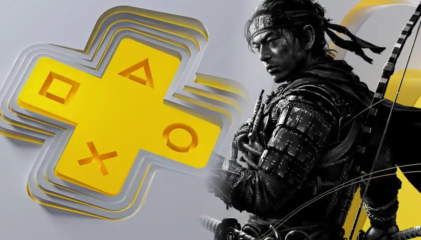 Samuraj z łukiem obok żółtego logo PlayStation Plus Premium.