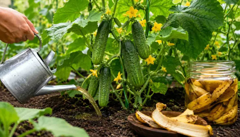 Podlewam ogórki wodą z banana, naturalnym nawozem, który zapewni im obfite plony.