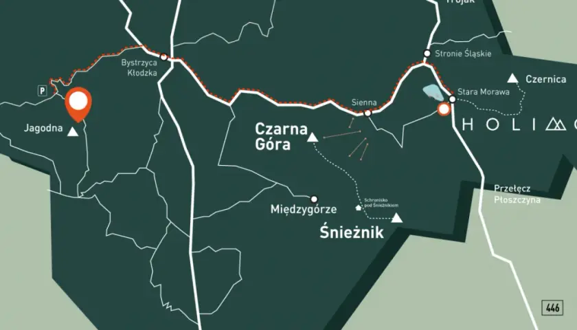 Mapa szlaków turystycznych. Zaznaczona trasa prowadzi przez Bystrzycę Kłodzką, Czarną Górę i Śnieżnik. Punktem docelowym jest Jagodna.