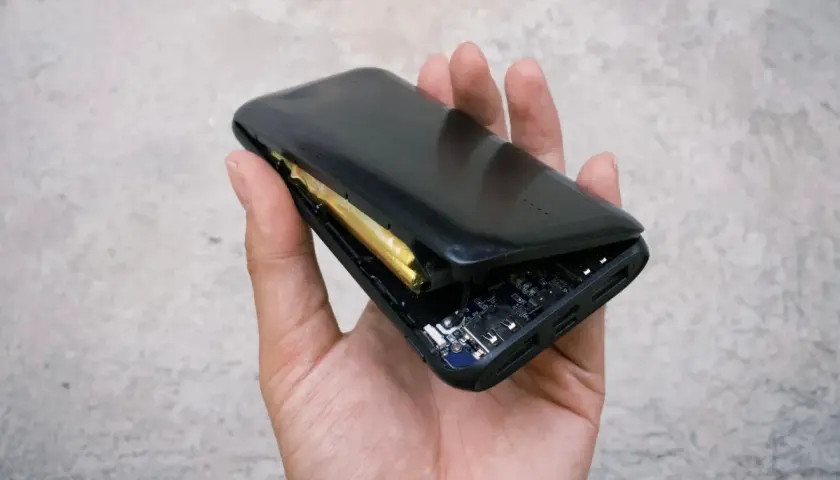 Dłoń trzyma rozdarty powerbank, z którego wystaje spuchnięta bateria. Widać płytkę drukowaną i złącza.