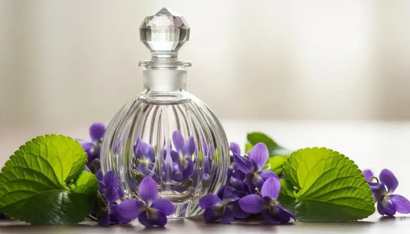 Szklana buteleczka perfum otoczona intensywną fiołką.