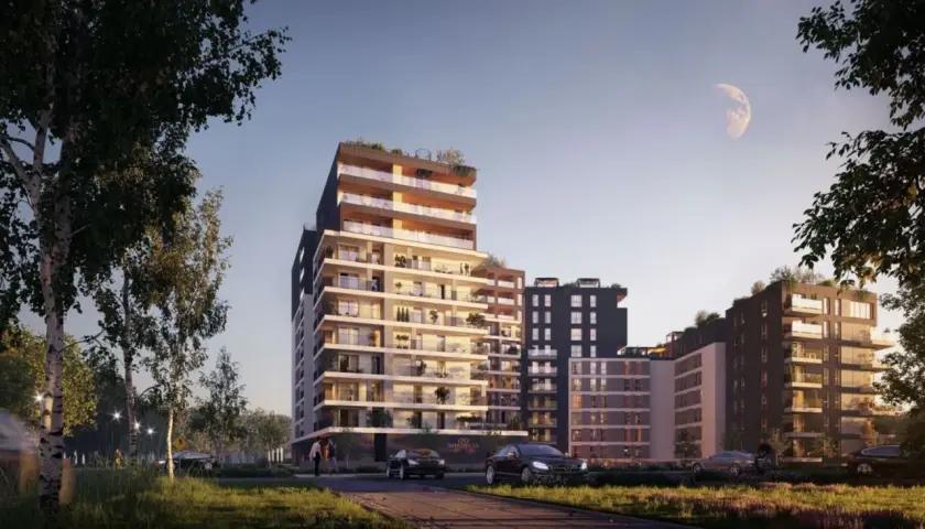 Nowy Czechów: nowoczesne apartamentowce z tarasami i zielenią, z księżycem na niebie.