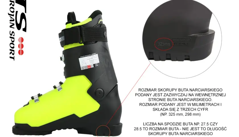 Jak dobrać rozmiar butów narciarskich? Na skorupie buta narciarskiego znajdziesz rozmiar w milimetrach, np. 325 mm.