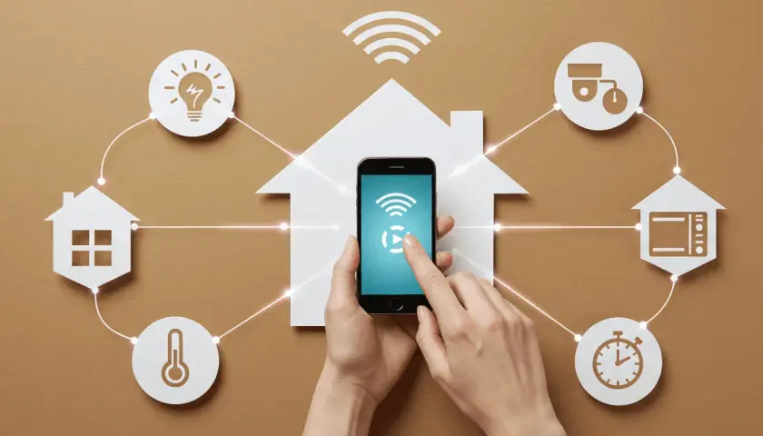 Mano controla un smartphone que gestiona un hogar inteligente. Cada dispositivo, como la luz o el microondas, es un actuador que responde a comandos.