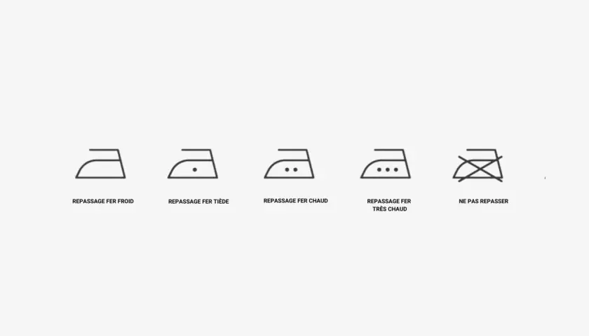Cinq icônes de logo fer à repasser indiquant différentes températures : froid, tiède, chaud, très chaud, et ne pas repasser.