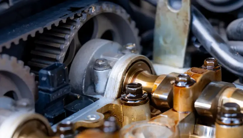 Zbliżenie na mechanizm rozrządu diesla z paskiem i kołami zębatymi. Pytanie: co ile wymieniać rozrząd w dieslu?