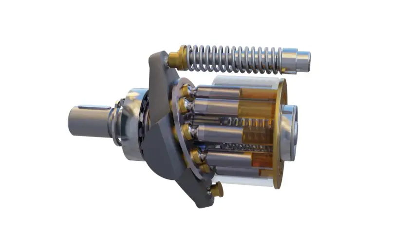 Cutaway view of a hydraulic motor, showcasing its internal piston and cylinder assembly. Most hydraulic motors are modified designs of this fundamental concept.