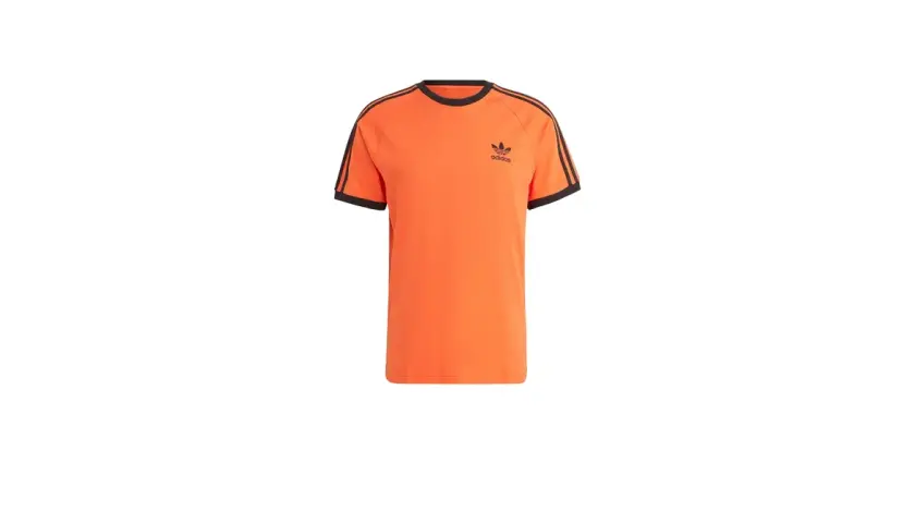 Orange Adidas T-Shirt für Herren mit schwarzen Streifen und Logo.