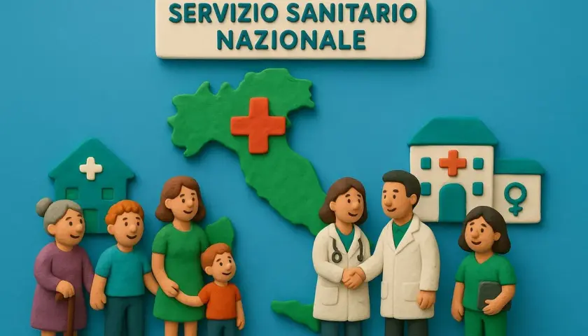 Famiglia e medici si stringono la mano davanti a ospedali e alla mappa d'Italia, simbolo del sistema sanitario nazionale.