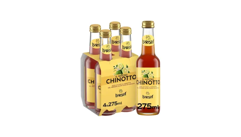 Butelki napoju chinotto Lurisia, w tym 4-pak i pojedyncza butelka. To jest chinotto, co to za napój?