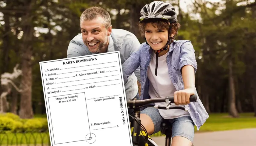Karta rowerowa jak wygląda: formularz z danymi, obok uśmiechnięty ojciec i syn na rowerach.