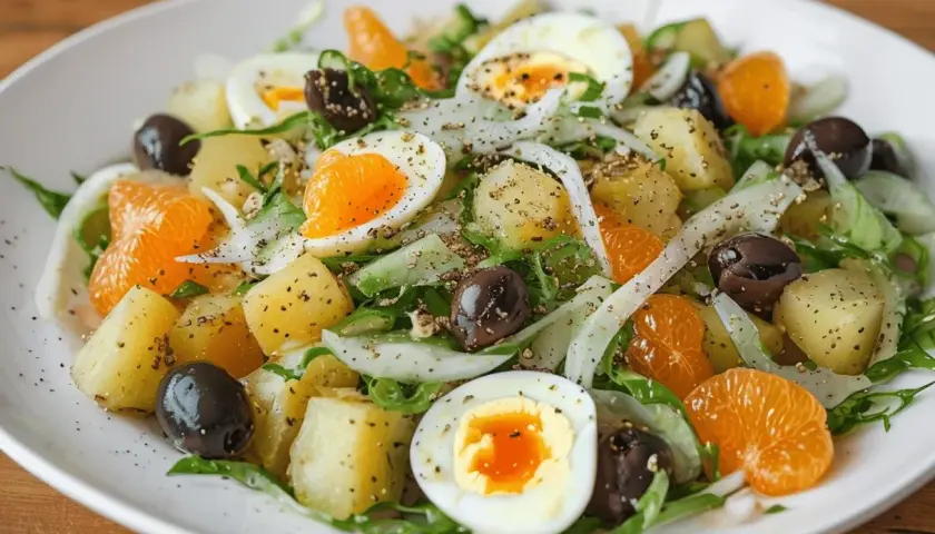 Ensalada malagueña con patatas, huevo duro, aceitunas, mandarina y hinojo. Un plato fresco y lleno de sabor.