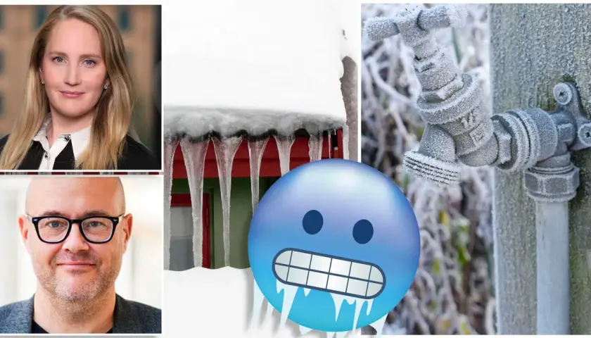 Kallt ute! Isiga istappar hänger från ett tak, en frostig kran och en blå emoji som fryser. Tänk om det är frusna vattenledningar i marken.