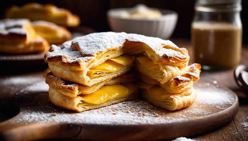 Délicieux millefeuilles à la crème, leur pâte feuilletée dorée saupoudrée de sucre glace.