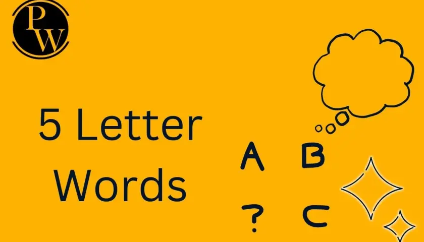 Immagine con sfondo giallo e testo "5 Letter Words". Lettere A, B, C e un punto interrogativo sparsi, con una nuvoletta e stelle.