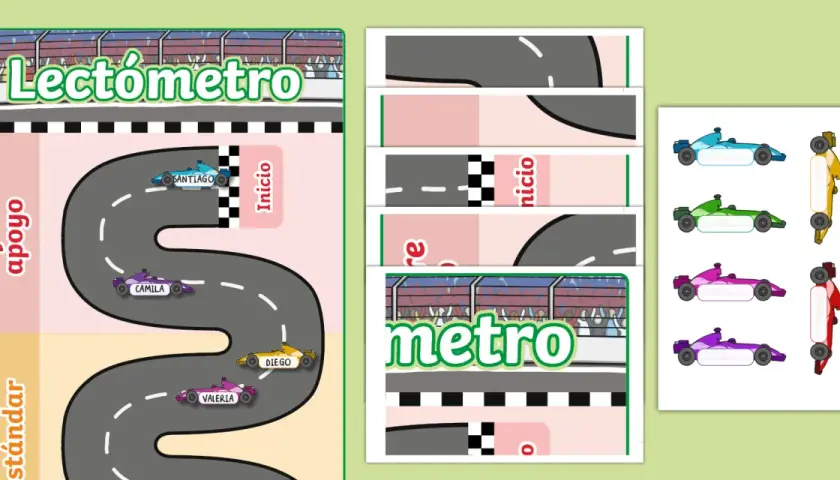 Un lectómetro para imprimir con coches de carreras. Los niños avanzan en la pista según su progreso lector.