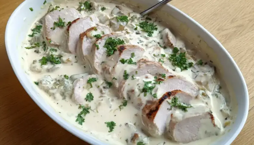 Skivad ytterfile i ugn, serverad i en krämig svampsås med färsk persilja. En riktig klassiker!