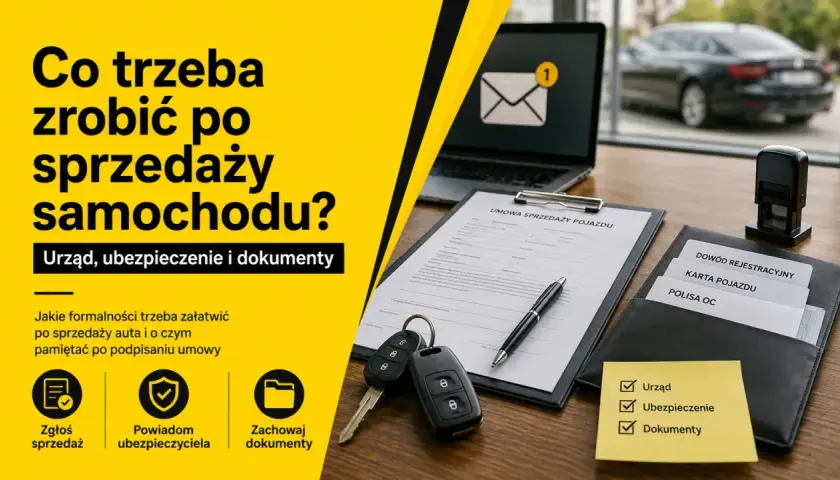 Jak sprzedać auto? Na stole umowa, kluczyki, dokumenty: dowód rejestracyjny, karta pojazdu, polisa OC. W tle czarny samochód.