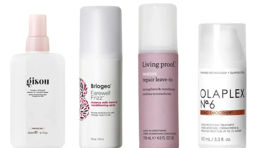 Fyra leave-in produkter för hårvård: Gisou, Briogeo, Living Proof och Olaplex. Perfekt för att få ett frissfritt och starkt hår.