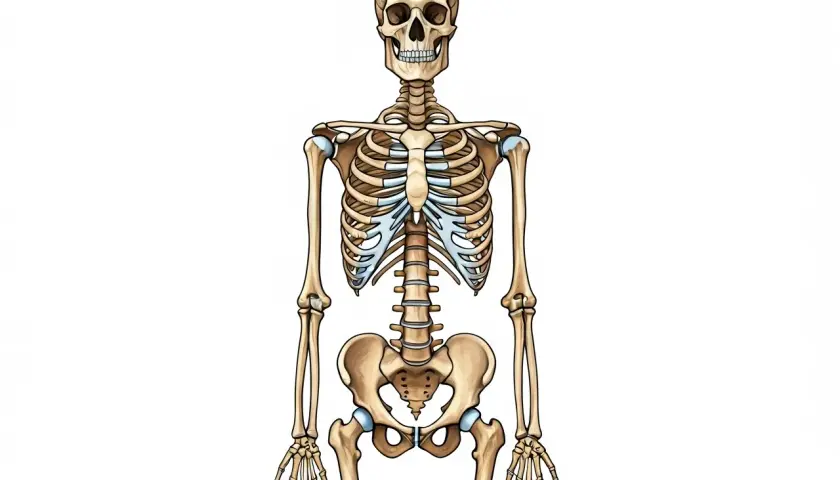 Scheletro umano completo, con cranio, costole, bacino e arti. Per sapere come si dice scheletro in inglese, si usa "skeleton".