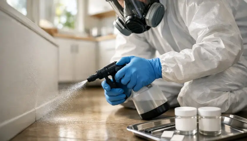 Person i skyddsdräkt och gasmask sprayar vid golvlisten. Kanske för att behandla asbest lim.