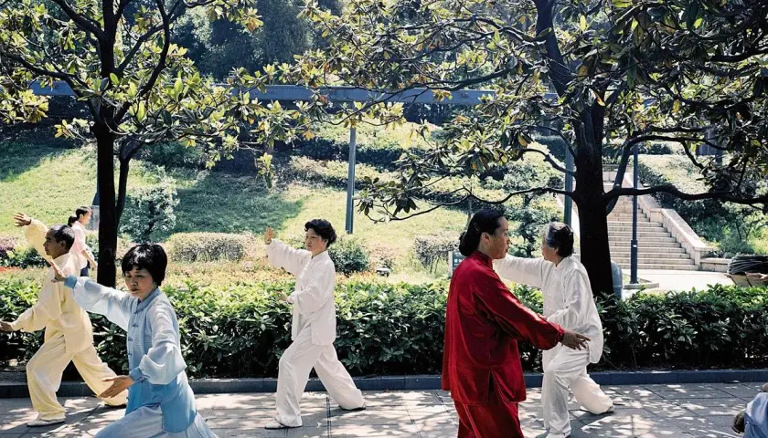 Ludzie ćwiczą tai chi w parku. To spokojna sztuka walki, która poprawia równowagę i koordynację.
