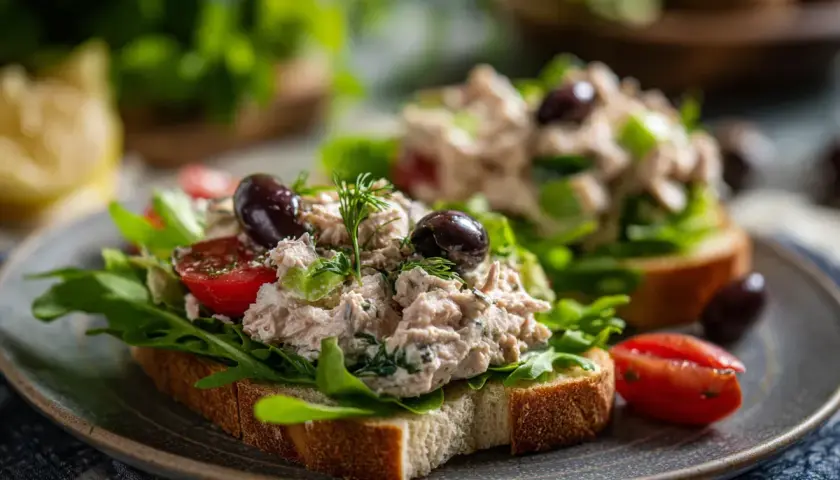 Två öppna smörgåsar med tonfisksallad, ruccola, körsbärstomater och oliver. En läcker och fräsch tonfisksallad.