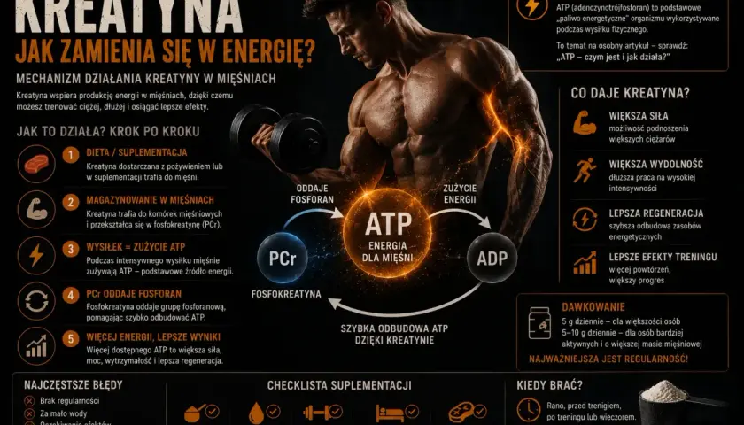 Kreatyna co daje? Większa siła, wydolność i regeneracja. Pomaga w szybkiej odbudowie ATP, co przekłada się na lepsze efekty treningowe.