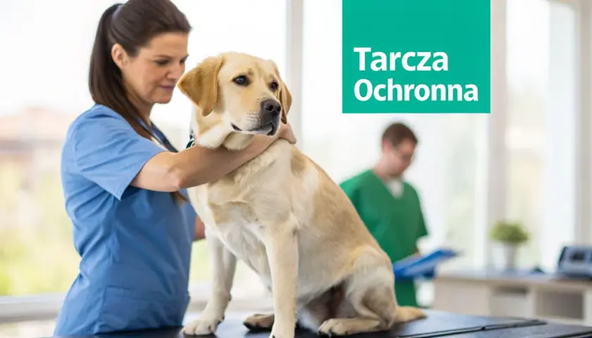 Weterynarz bada labradora, przygotowując go do szczepienia szczeniaka. Tarcza Ochronna zapewnia bezpieczeństwo.
