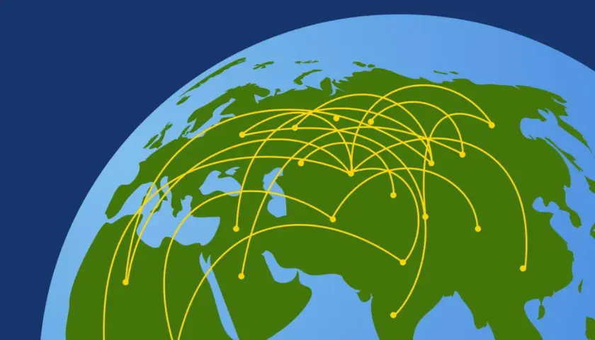 Gelbe Linien verbinden Punkte auf einer stilisierten Weltkugel, die Europa und Asien zeigt. Dies symbolisiert weltweite Sendungsverfolgung und globale Verbindungen.