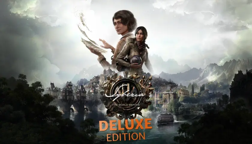 Dwie kobiety na tle parowego miasta i gór. W tle logo gry Syberia: The World Before Deluxe Edition.
