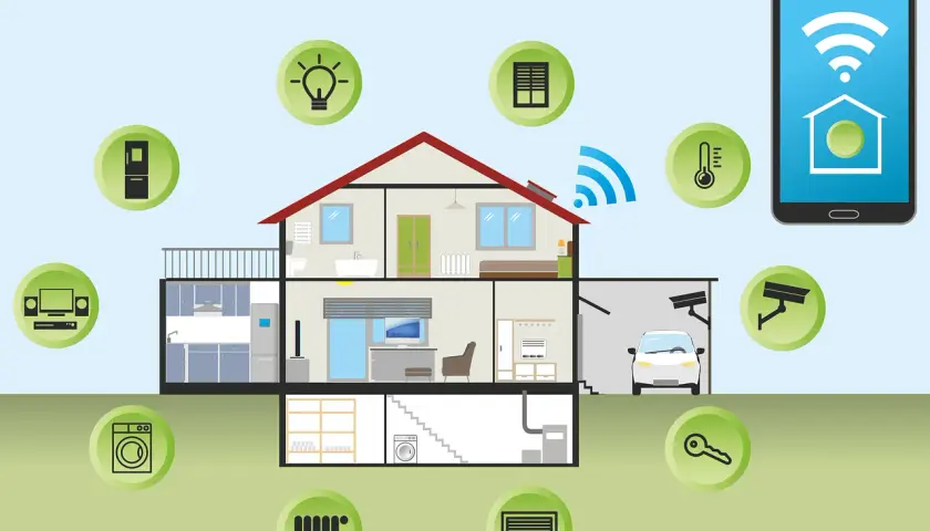Ilustración de un hogar domótico con iconos de dispositivos conectados: luces, nevera, termómetro, cámaras, lavadora, garaje y móvil.