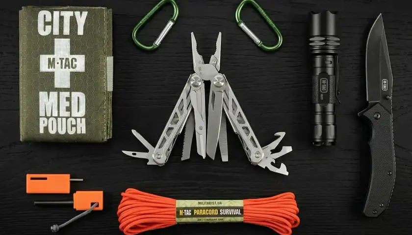 Zestaw przetrwania dla preppersów: apteczka, multitool, latarka, nóż, krzesiwo i paracord. Kto to? Osoby przygotowane na różne sytuacje.