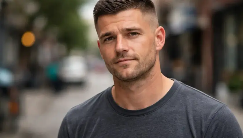 Hombre con pelo rapado y barba de tres días, mirando a la cámara con una expresión seria.